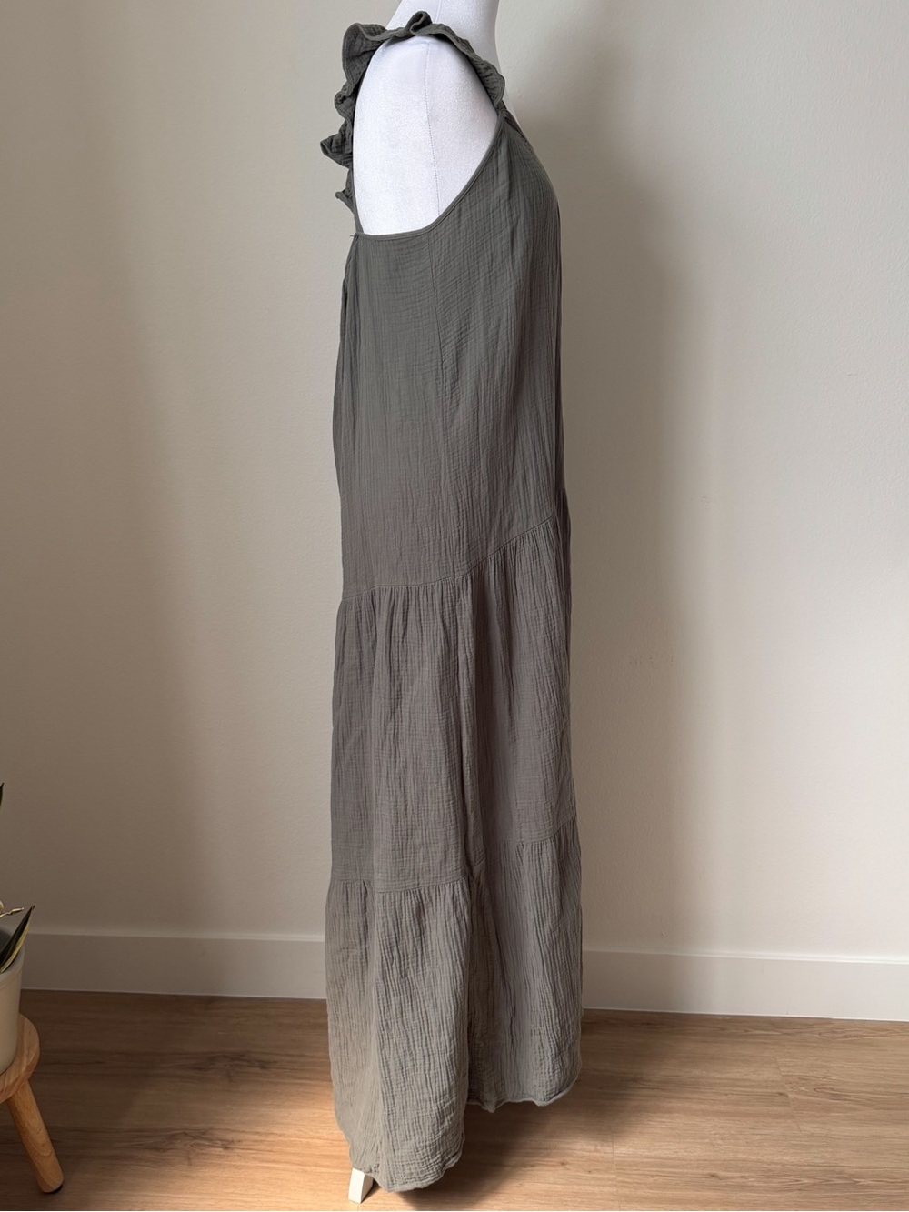 Steve Madden 100% Cotton Gauze Tiered Maxi Dress Sage Green Coastal S - Picture 2 of 5